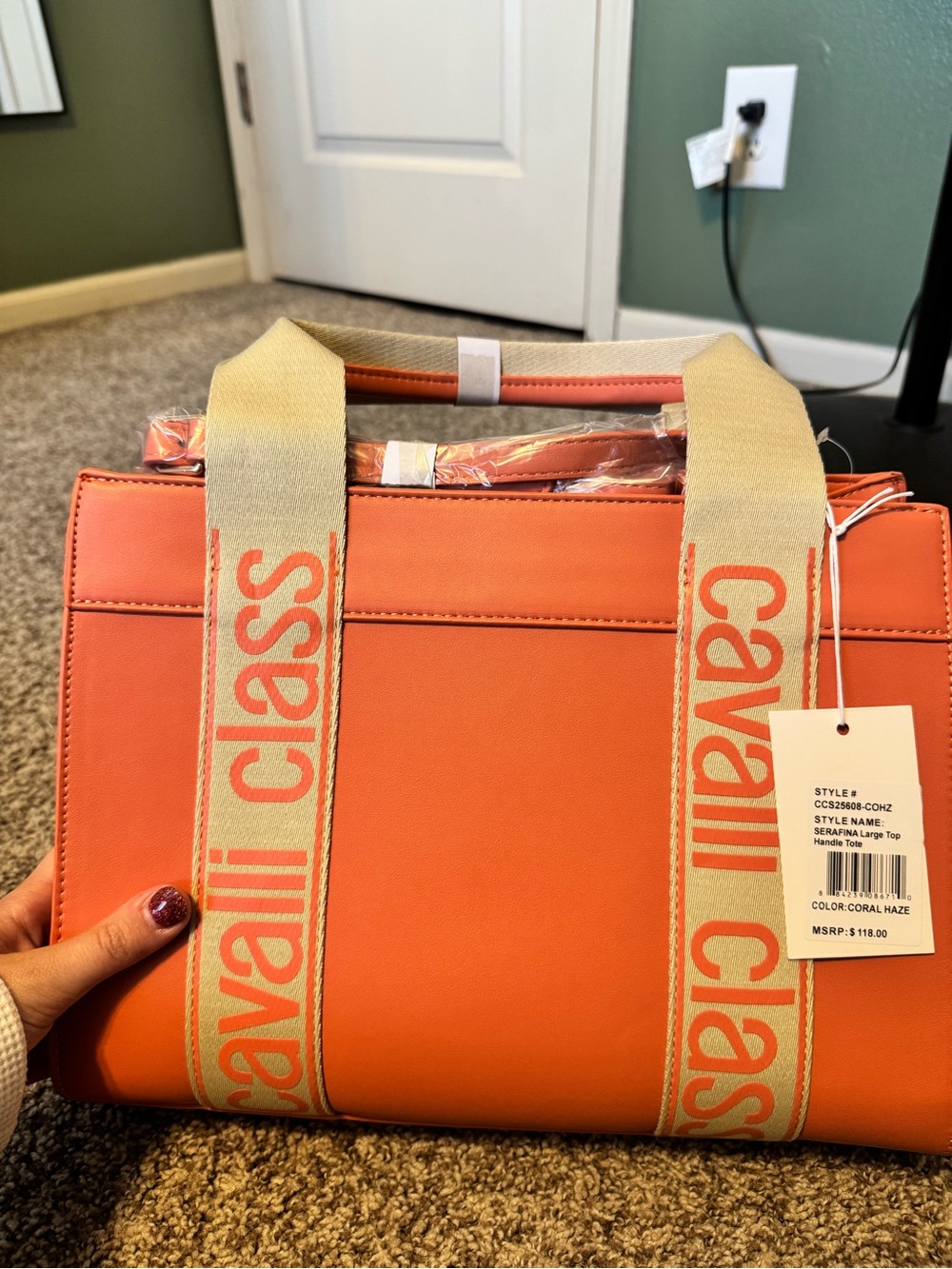 Cavalli Class Coral Orange Top-Handle Satchel with Branded Canvas Straps